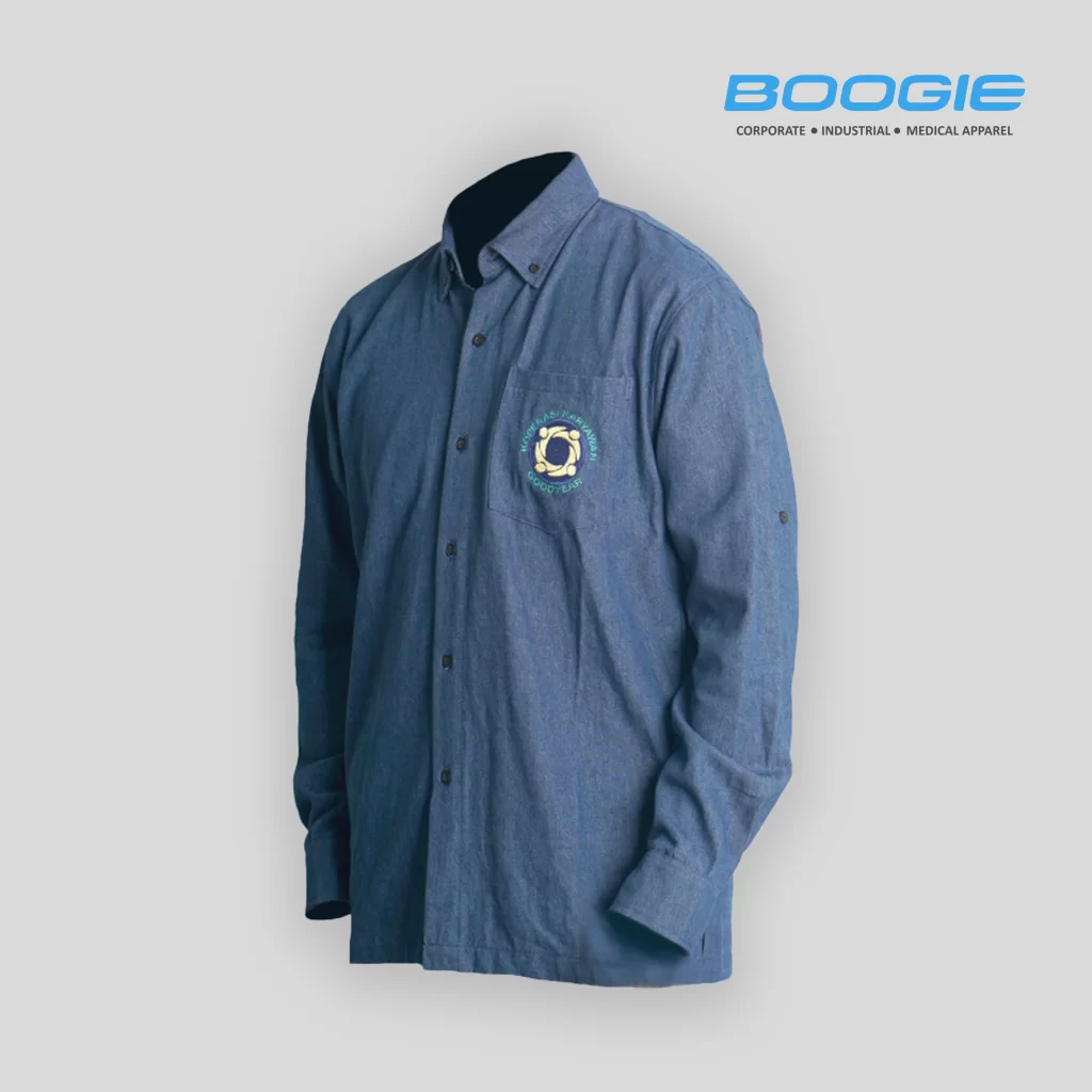 seragam kemeja kerja bahan denim untuk tim profesional Anda