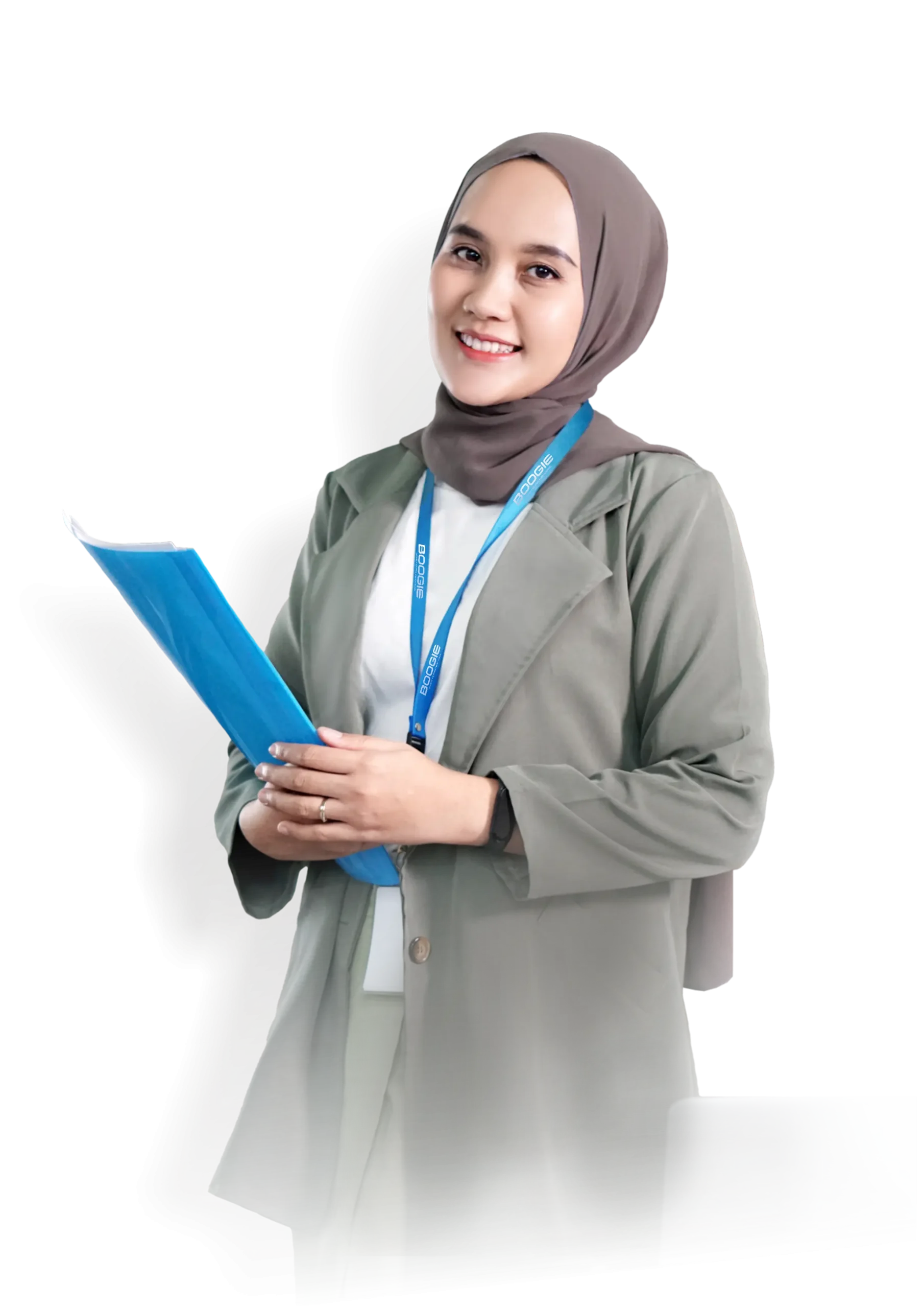 Model dengan seragam kerja produksi boogie apparel