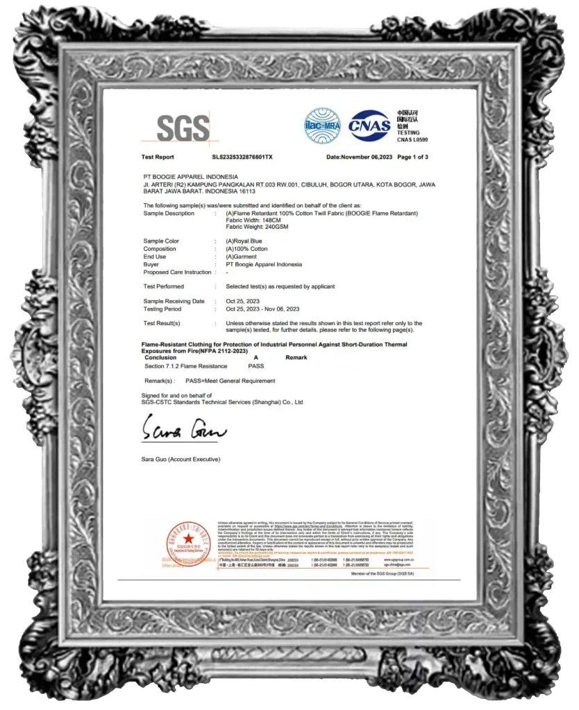 pakaian safety bersertifikasi anti api dari sgs